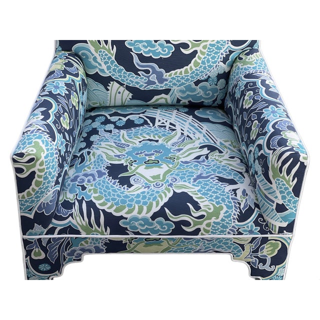 Blue 1980s Pair MCM CasaBique Ming Armchairs in Thibaut “Imperial Dragon” For Sale - Image 8 of 18