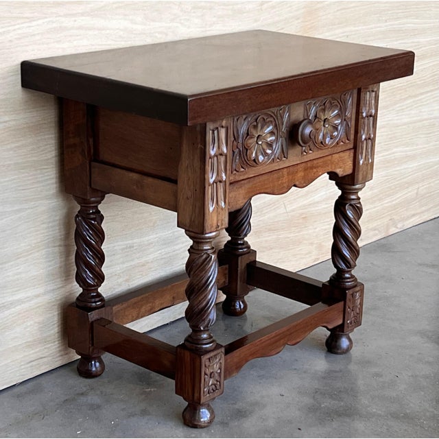 Brutalist Early 20th Century Spanish Nightstands with Carved Drawers and Solomonic Legs, A Pair For Sale - Image 3 of 18