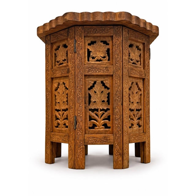 Antique Middle Eastern Octagonal Carved Side Table with Brass Inlay, 1890s For Sale - Image 3 of 8