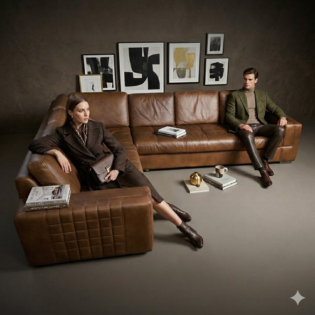 A sculptural, low-profile sectional in rich dark chocolate leather, designed as a bold centerpiece for modern interiors....