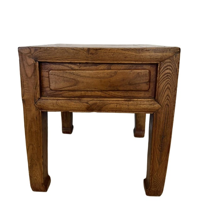 Wood Antique Elm Low Stool With Storage Drawer For Sale - Image 7 of 11