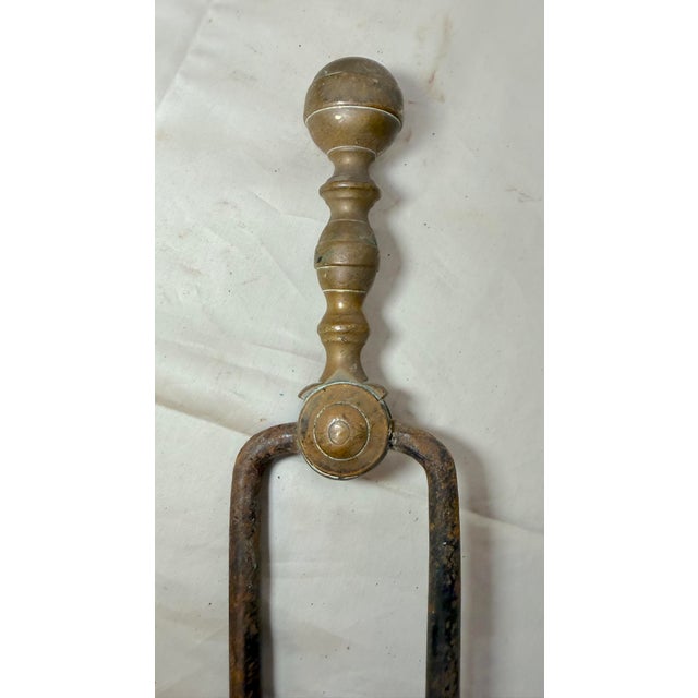 Brass Antique 18th Century Wrought Iron Turned Brass English Fireplace Tongs Tool 20 For Sale - Image 8 of 9