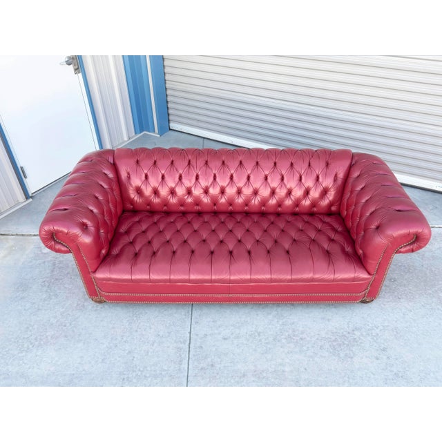 Mid-Century Modern 1980s Vintage Tufted Red Leather Rolled-Arm Chesterfield Sofa For Sale - Image 3 of 11
