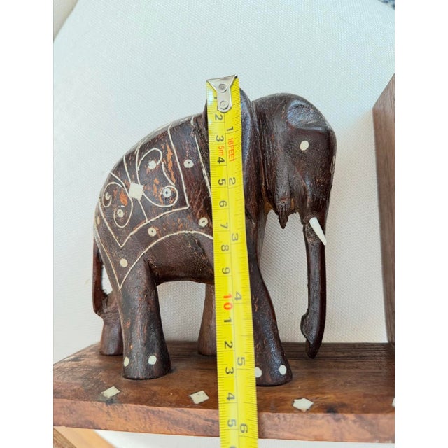 Mid 20th Century Mid 20th Century Anglo-Indian Carved Hardwood Elephant Bookends With Intricate Bone Inlay — Pair For Sale - Image 5 of 11