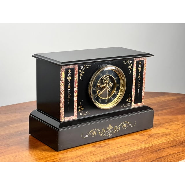 Victorian Antique Victorian Slate Mantle Clock With Open Escapement 8 Day Time and Strike C. Late 19th Century For Sale - Image 3 of 8