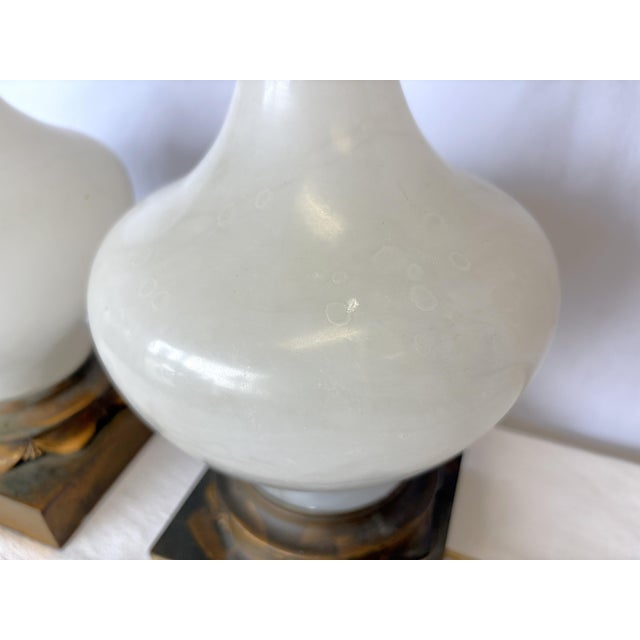 Antique Art Deco/ Hollywood Regency Style Alabaster Table Lamps With Bronze Figureheads- A Pair For Sale - Image 15 of 18