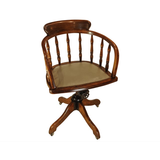 Antique Captain's Desk Chair with Brass Stud Detailing and Iron Base, 1930s For Sale - Image 6 of 10