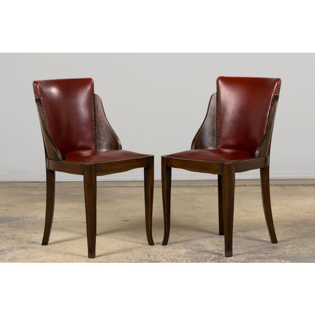 1930s 1930s French Art Deco Maple Gondola Dining Chairs W/ Red Faux Leather - Set of 6 For Sale - Image 5 of 18