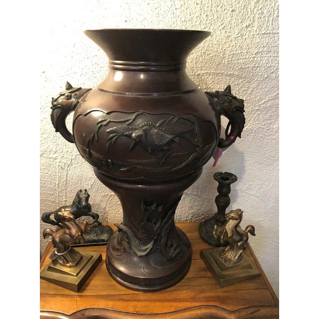 Meiji Period Bronze Twin Handled Urn With Decoration For Sale - Image 11 of 13
