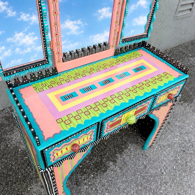 Vintage Memohis Style Hand Painted Vanity Desk With Chair and Mirror by Pia Cyrulnik For Sale - Image 4 of 12
