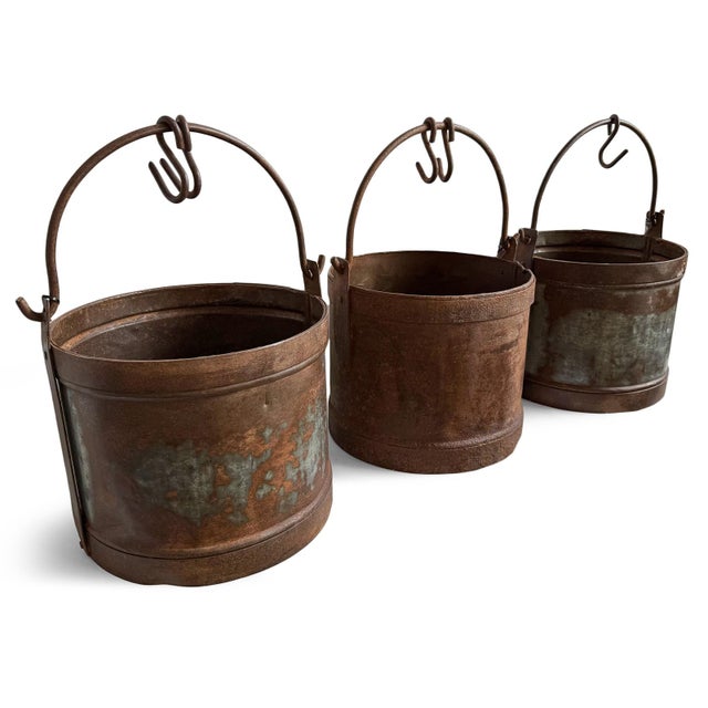 Large Antique Iron Bucket W/Handle For Sale In Los Angeles - Image 6 of 8