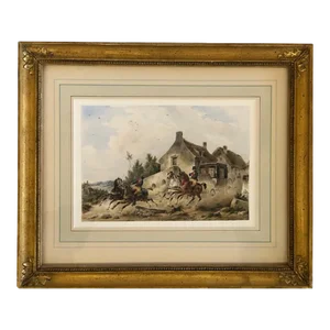 19th Century “A Coach and Four” Ink and Watercolor Painting, Framed
