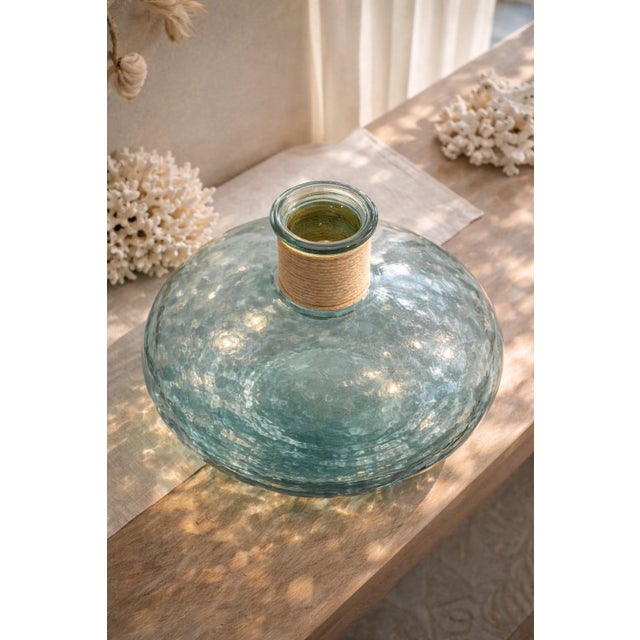 Glass Large Aqua Glass Demijohn Vessel With Twine-Wrapped Neck – 17” Mediterranean Coastal Bottle For Sale - Image 7 of 9
