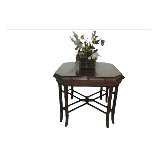 Hollywood Regency Faux Bamboo Chinoiserie Chippendale Style Coffee Table Wood Style: Hollywood Regency Color: Brown...