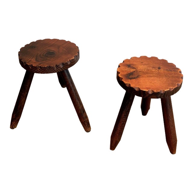 Brutalist Pine Stools. French Work. Circa 1950 - a Pair For Sale