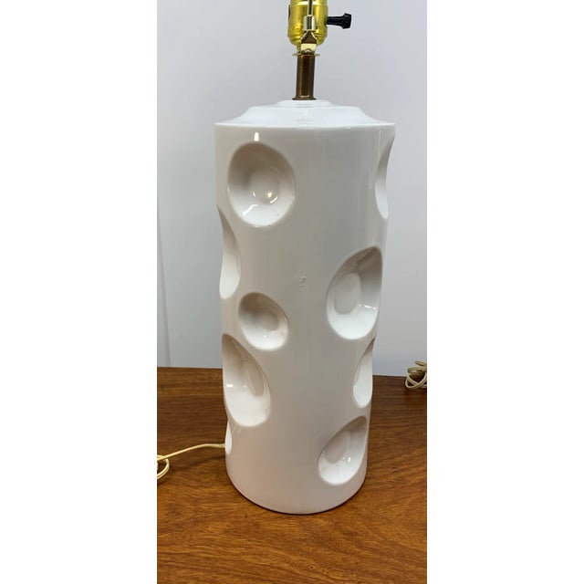 Pair of Mid 20th Century Swiss Cheese Style White Ceramic Table Lamps For Sale - Image 12 of 17