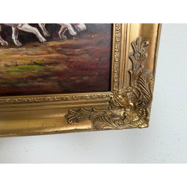 Brown Original Fox Hunting Oil Painting Signed English Hunt Horses Hounds Framed For Sale - Image 8 of 12