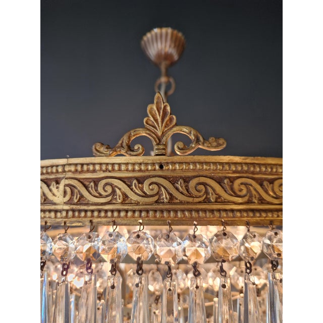 Brass Antique Art Deco Neoclassical Brass and Crystal Chandelier Plafonnier Ceiling For Sale - Image 8 of 9