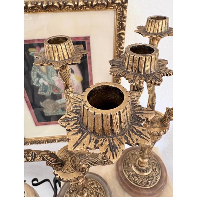 Mid 20th Century Pair of Vintage Ornate Brass 3-Arm Candelabra With Onyx Bases, 14” For Sale - Image 5 of 10