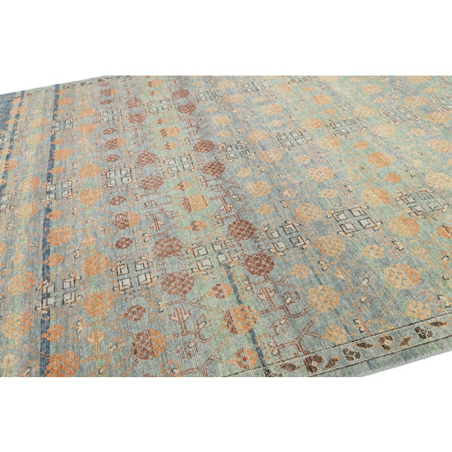 Blue Vintage-Inspired Khotan Geometric Wool Rug – Earthy Sage, Terracotta, and Navy For Sale - Image 8 of 9