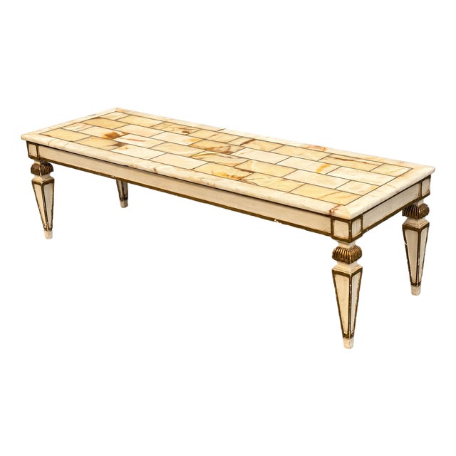 Early 20th Century Parcel Gilt Hand Painted Louis XVI French Regency Coffee Table With Mosaic Onyx Top For Sale