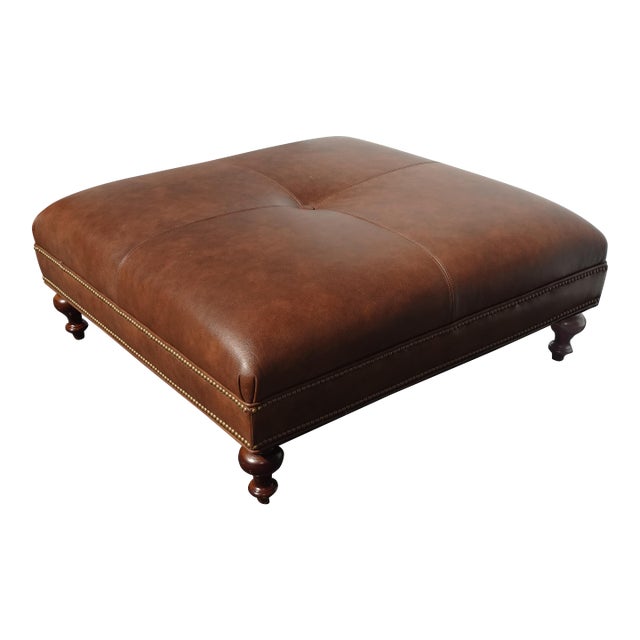 Vintage Tommy Bahama Style Brown Tufted Leather Ottoman Coffee Table For Sale