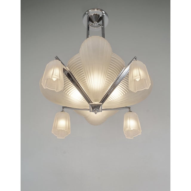 Petitot French Modernist Art Deco Chandelier 1930s - Frosted Glass & Nickeled Bronze For Sale - Image 6 of 15