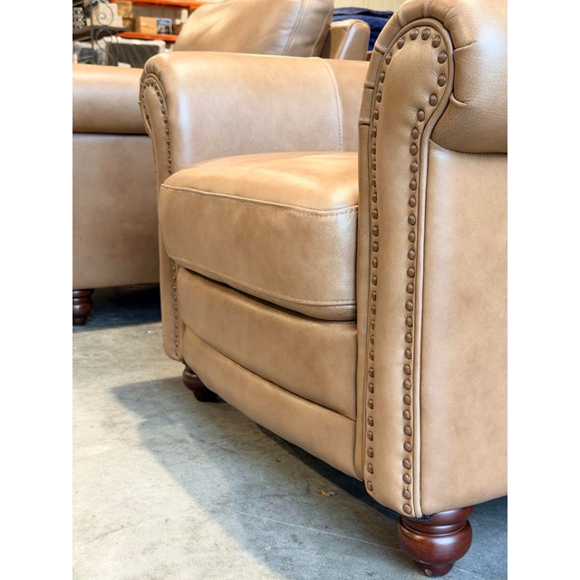 Animal Skin Pair of Bassett Jackson Umber Leather Club Chairs With Nailhead Trim For Sale - Image 7 of 9