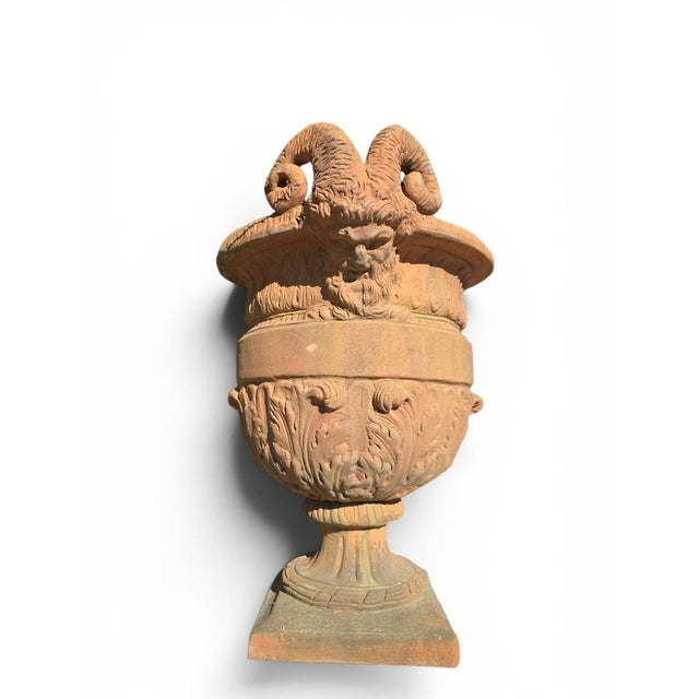 Ceramic Impruneta Terracotta Urns with Faun Heads and Acanthus Leaves, Italy, 1950, Set of 4 For Sale - Image 7 of 9