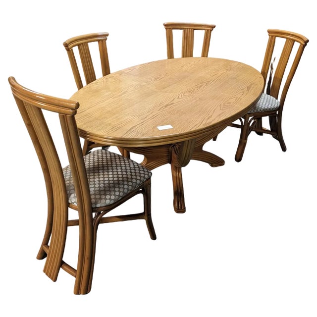 Dining Table & Chairs in Rattan and Oak Veneer, 1980s, Set of 5 For Sale