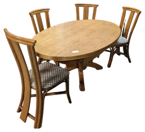 Dining Table & Chairs in Rattan and Oak Veneer, 1980s, Set of 5