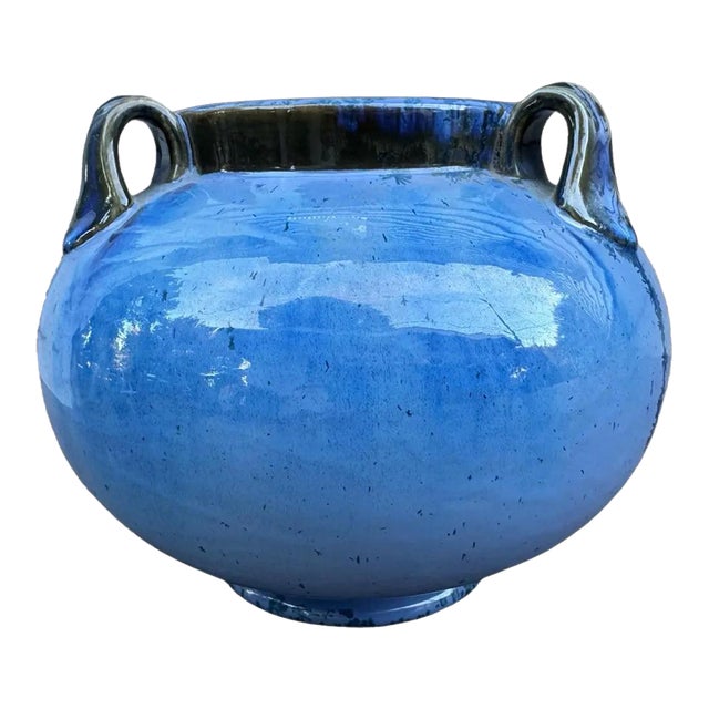 Vintage Fulper 3 Handled Bulbous Blue 6.25" Art Pottery Vase For Sale
