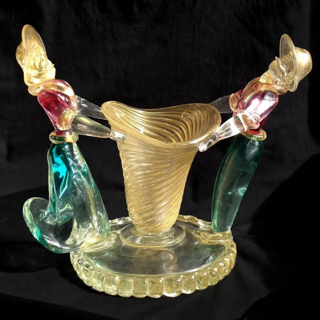 Rare and beautiful vintage Murano hand blown Sommerso cranberry pink and green Italian art glass farmer figures holding a...