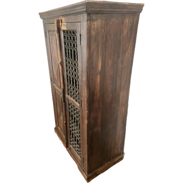Antique Hand-Carved Wood Wardrobe with Carved Doors and Iron Grille, Bali, Indonesia, 1920s For Sale - Image 16 of 18