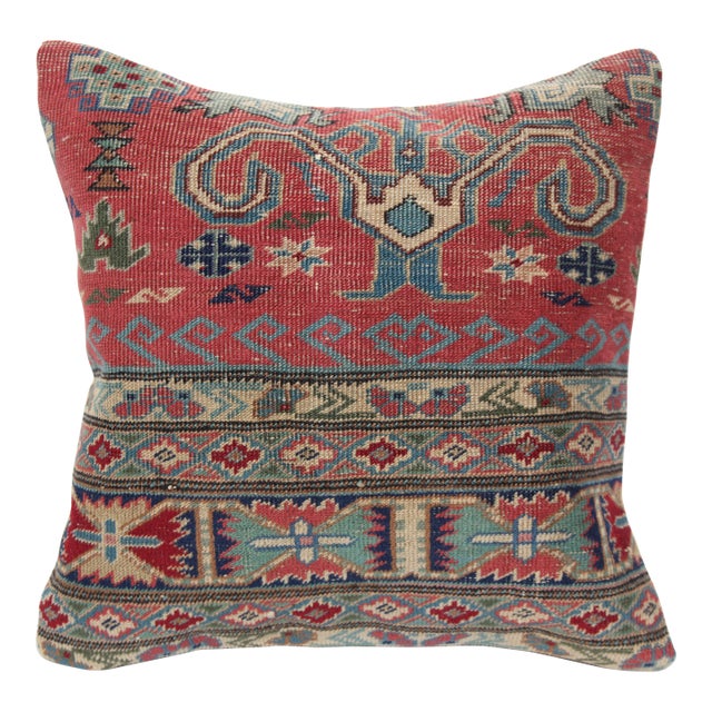 Vintage Handwoven Wool on Cotton Rug Pillow -16'' X 16'' For Sale