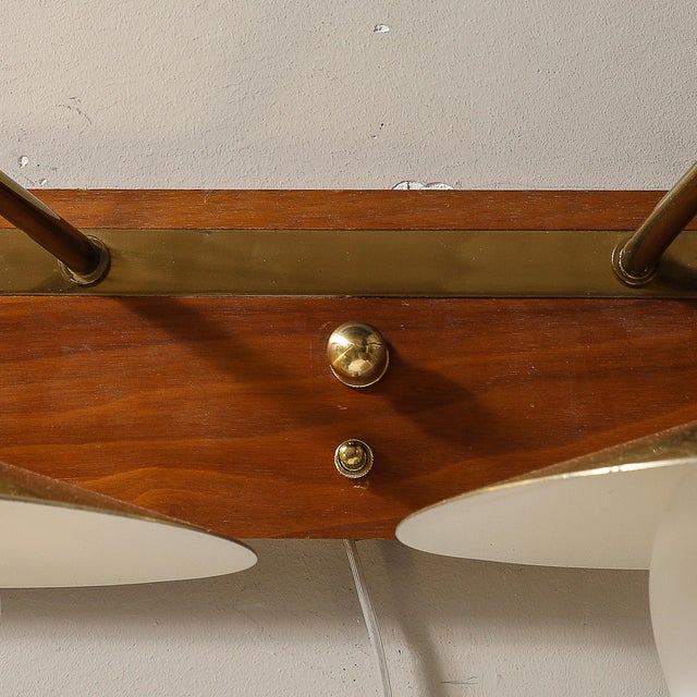 Mid-Century Modernist Dual-Head Brass & Frosted Glass Sconce on Teakwood For Sale - Image 10 of 11