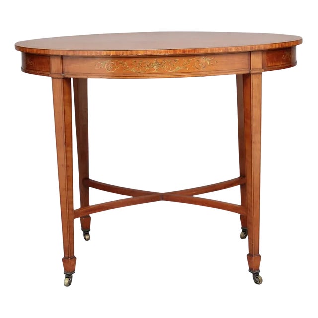 Antique Oval Satinwood Side Table on Wheels For Sale