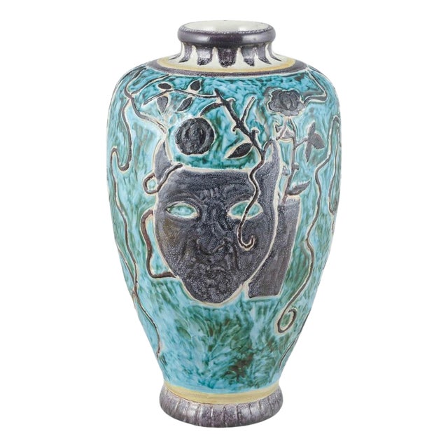 Large Turquoise and Black Glazed Stoneware Vase by Åke Holm for Höganäs, 1950s For Sale