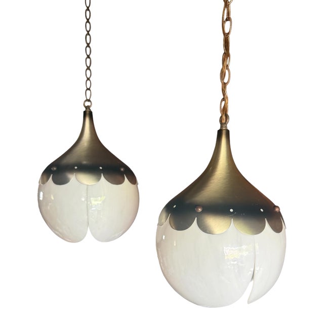 Vintage Mid Century Modern Tulip Milk Glass & Brass Hanging Pendant Lights, Pair For Sale