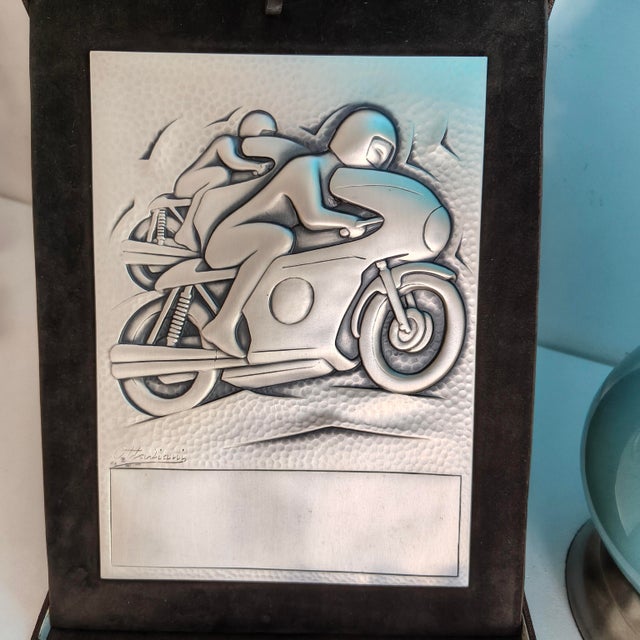 Modern Vintage 925 Sterling Silver Motorcycle Racing Trophy Plaque by Ottaviani, Italy, 1970s For Sale - Image 3 of 11