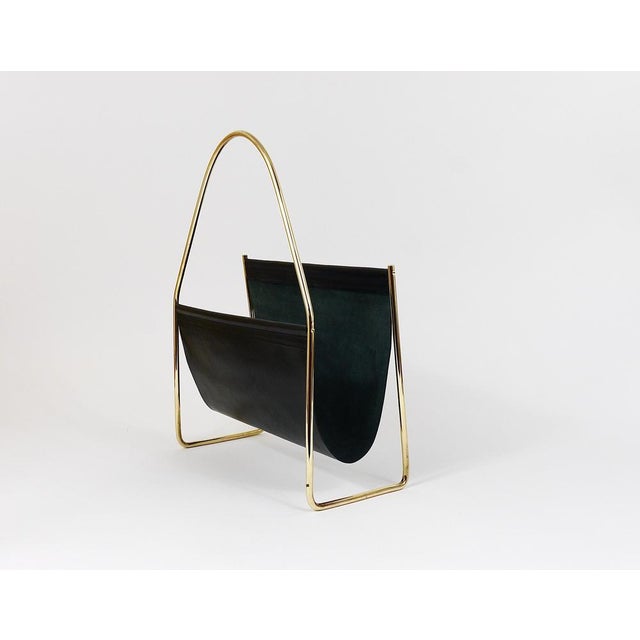 Metal Mid-Century Magazine Rack in Brass and Black Leather by Carl Auböck, 1950s For Sale - Image 7 of 18