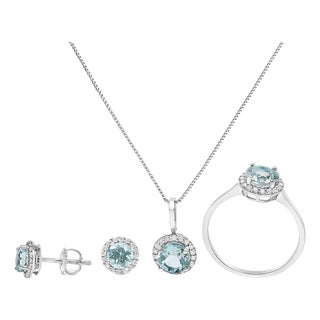 10K White Gold Blue Aquamarine and 3/8 Cttw Diamond Halo Jewelry Set (Earrings, Pendant & Ring) For Sale