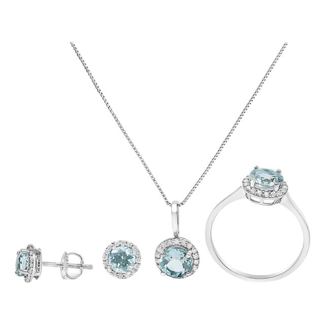 10K White Gold Blue Aquamarine and 3/8 Cttw Diamond Halo Jewelry Set (Earrings, Pendant & Ring) For Sale
