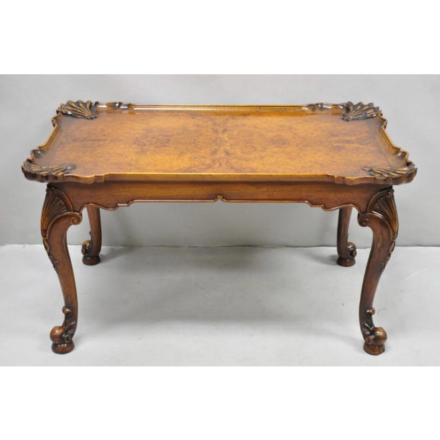 Antique English Georgian Style Burl Walnut Shell Carved Scalloped Coffee Table For Sale - Image 14 of 14