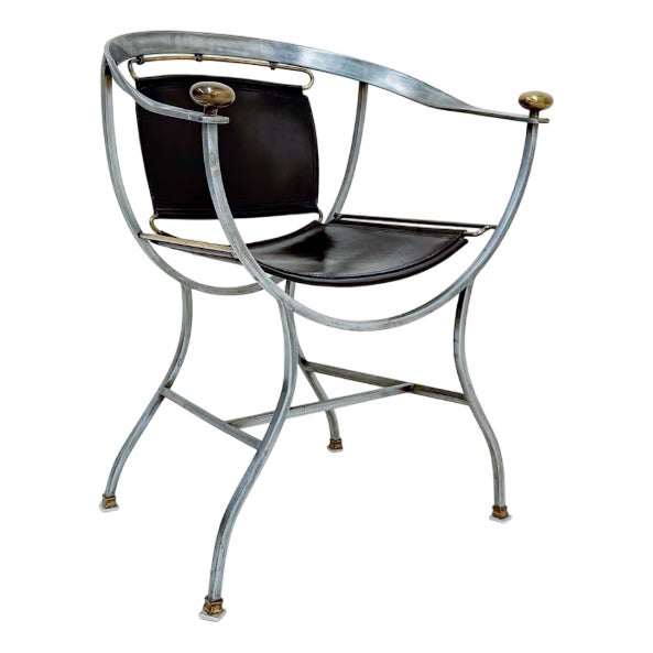 Pompei Armchair in Bronze and Black Leather by Alberto Orlandi, 1980s For Sale