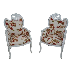 Pair Crewel Work Upholstered French Decorator Fireside Chairs
