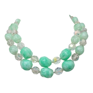 Vintage 1960s Signed Castlecliff 2 Strand Green & Aurora Borealis Beaded Necklace