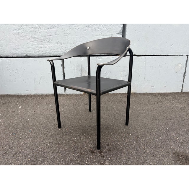 Attributed Artelano Black Leather Arm Side Chair, Italy 1980s For Sale - Image 9 of 14
