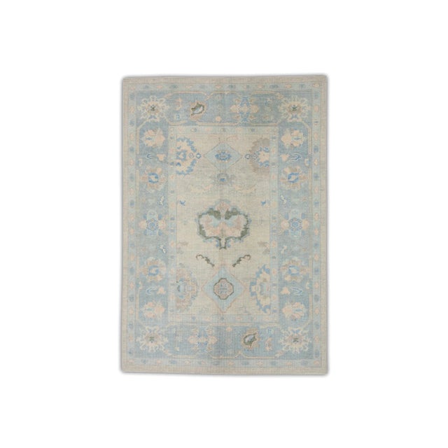 Textile Blue and Pink Floral Handwoven Wool Turkish Oushak Rug 5'1" X 7'2" For Sale - Image 7 of 7