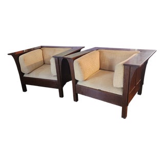 Pair 1990s Stickley Quartered Oak Mission Arts & Crafts Prairie Armchairs For Sale